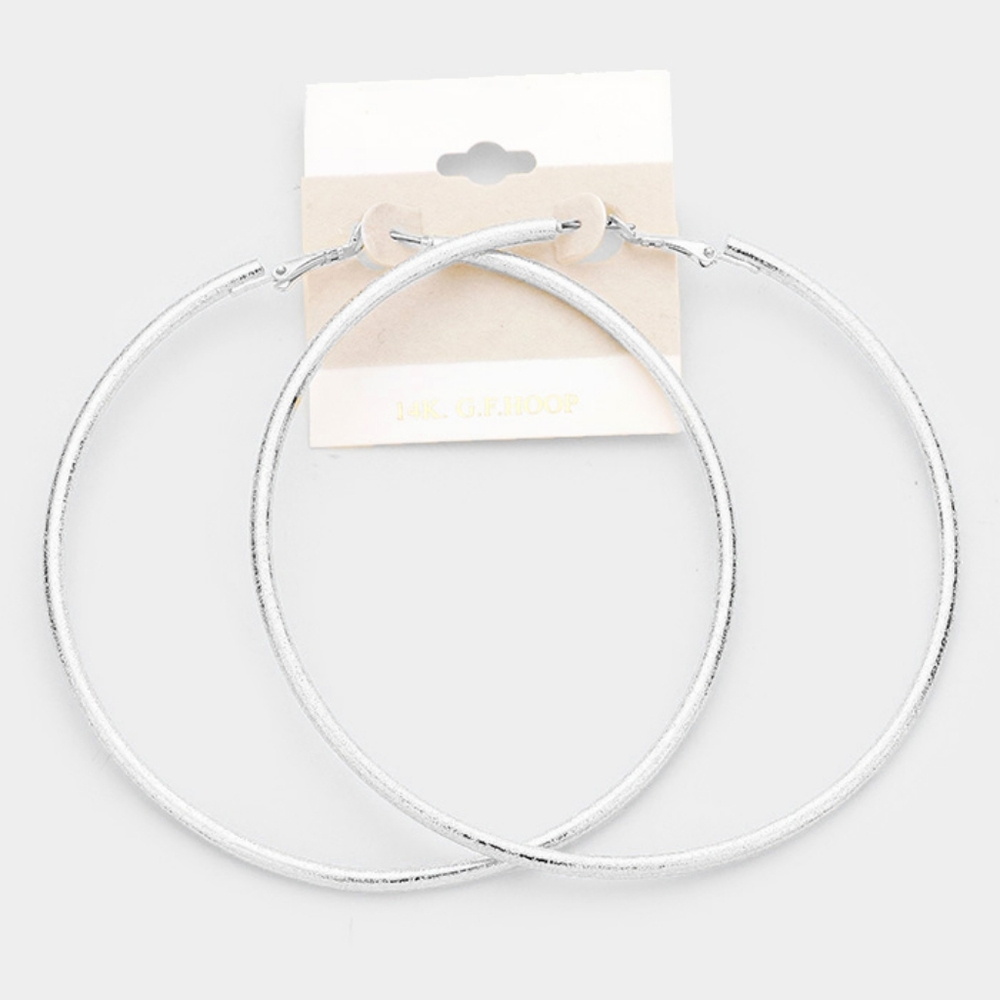 14K White Gold Round Hoop Earrings 3.75" Simple Silver Jewelry Textured Metallic